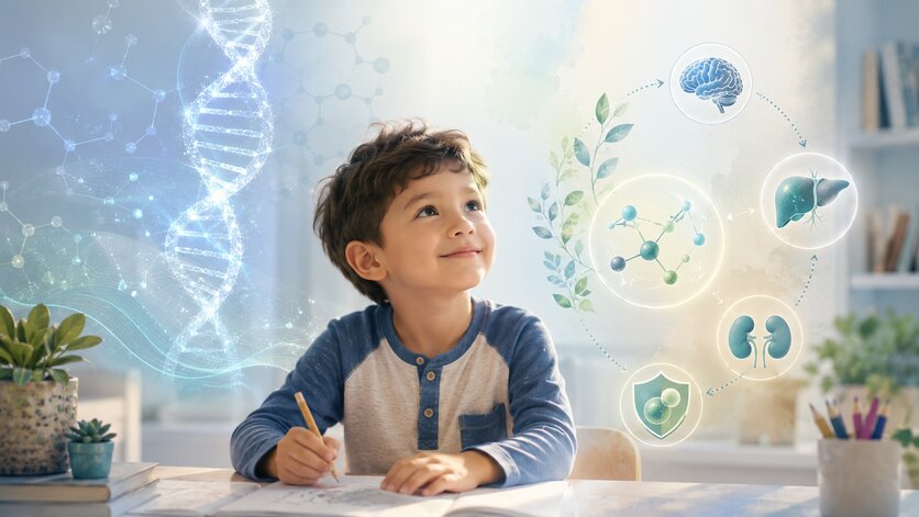 Genetics, methylation, and metabolic development may help explain why children process nutrients and environmental exposures differently during early life. Child learning with DNA, brain, liver, kidney, and metabolic pathway graphics representing MTHFR genetics, methylation, and detox development in children.