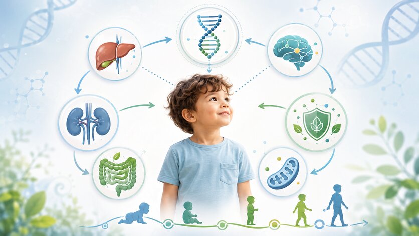 Children’s metabolic processing systems develop gradually, with different pathways maturing at different stages of childhood. Educational illustration showing child development with liver, kidney, gut, antioxidant, and methylation pathway icons.