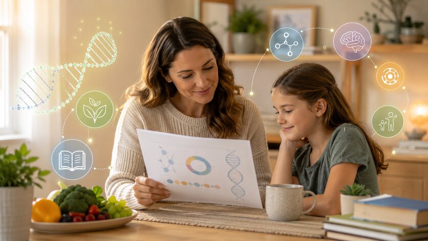 Genetic education can help families better understand individual differences in folate metabolism and methylation pathways. Parent reviewing a child-friendly genetic education report with DNA and wellness icons in a calm home setting.