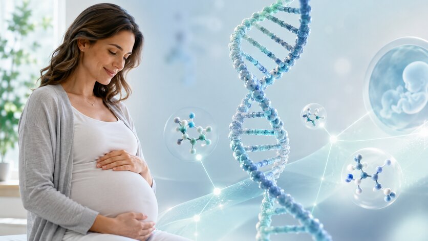 MTHFR and folate metabolism are part of a broader network of genetic and nutritional pathways that may be helpful to understand during pregnancy wellness planning Pregnant woman with soft DNA and molecular graphics representing MTHFR genetics, folate metabolism, and pregnancy education