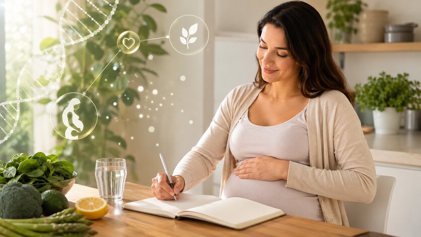 Folate-rich foods, hydration, and personalized education can be part of informed wellness conversations during pregnancy Pregnant woman writing in a journal beside leafy green vegetables, water, and subtle DNA wellness graphics