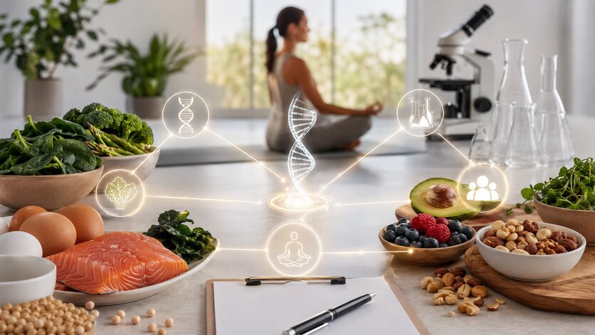Homocysteine, nutrients, genetics, lifestyle, and laboratory education are often considered together as part of a whole-person wellness picture Balanced wellness scene with healthy foods, DNA graphics, lifestyle icons, and lab education elements connected in a central pathway