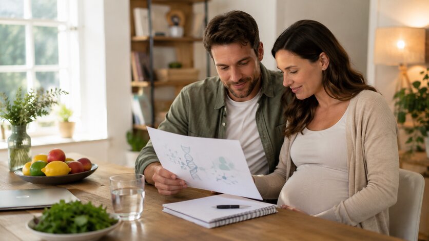 Genetic education can help families better understand individual biological differences and prepare informed questions for healthcare professionals Expecting couple reviewing a simple genetic education report at a warm home table with nutrition and DNA visuals
